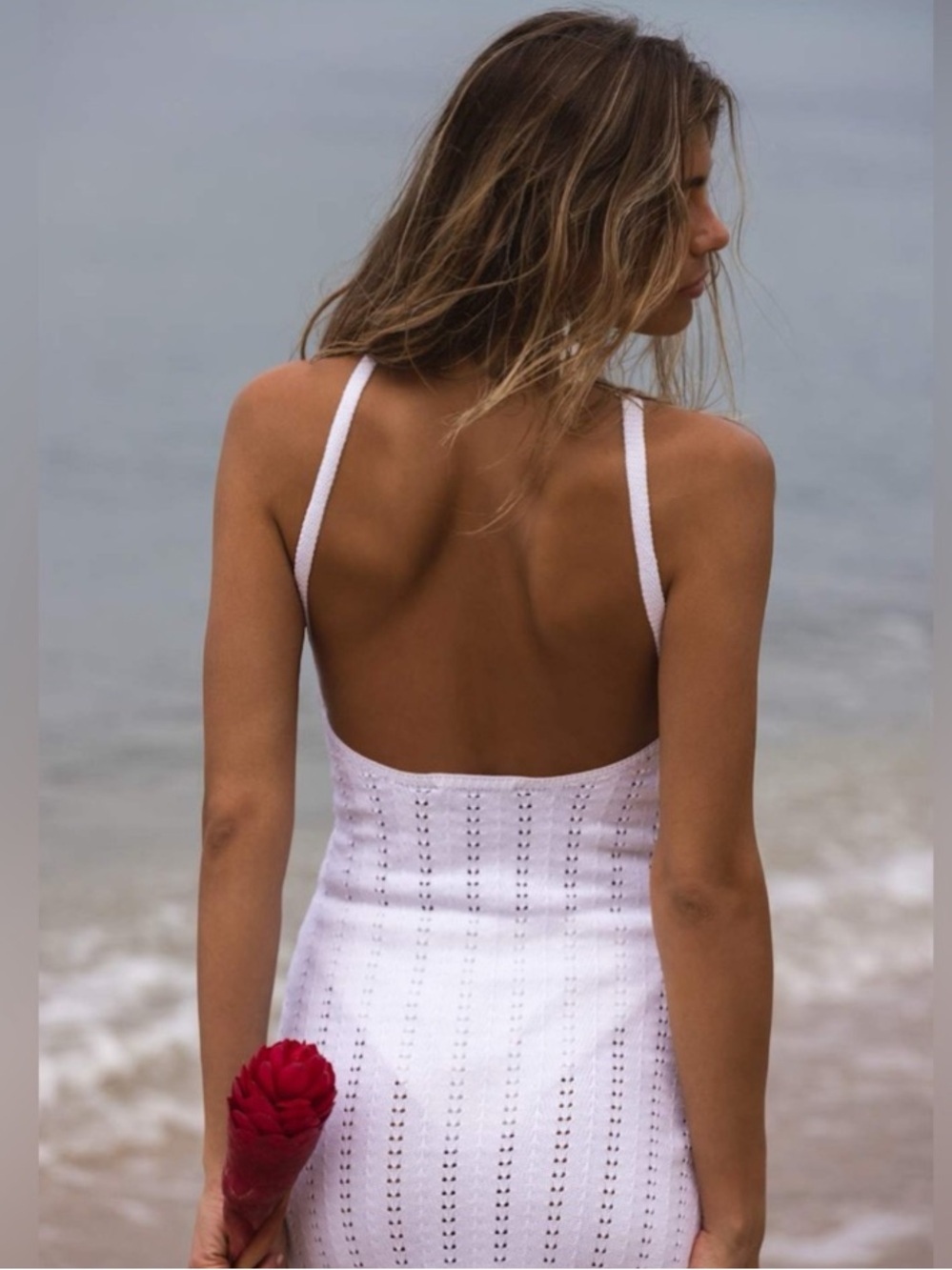 Lulu"s white knit dress with center rose detail - Picture 3 of 8